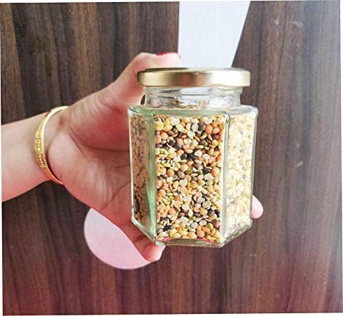 Hexagon Glass Jar Container with Air Tight Gold Metal Cap Pack Of 8 (200ml)