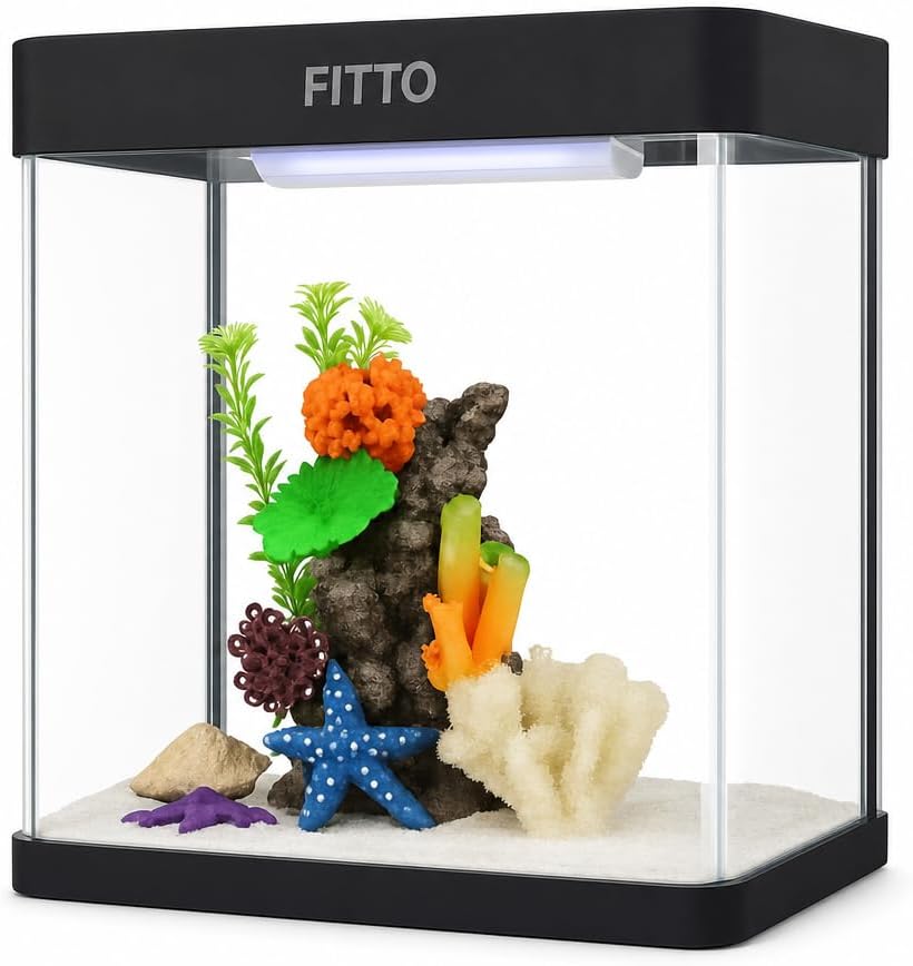 FITTO Aquarium Black 8 Litre Tabletop Fish Tank Full Set with LED Light, Water Filter, Air Blower and Feeding Hole for Small Fish and Shrimp
