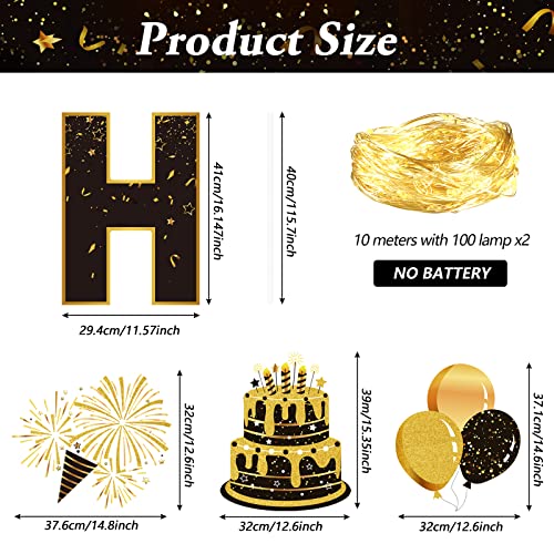 17 Pieces 16'' Happy Birthday Yard Signs With Stakes Birthday Lawn Sign With String Light Outdoor Birthday Decorations Happy Birthday Yard Supplies For Home Yard Lawn Garden Party, Black And Gold #TOP1