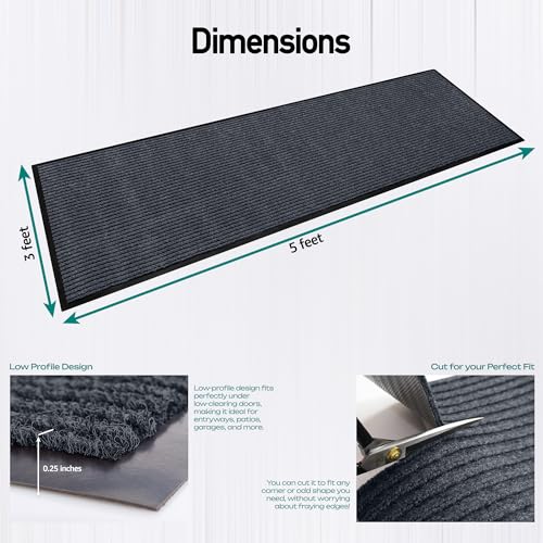 Image of Durable Rubber Door Mat - Heavy Duty, Indoor /Outdoor, Easy Clean, Waterproof, Low-Profile Mat for Entry, Patio, Garage - Stylish (Charcoal, 5' x 3' (Mud Trapper))