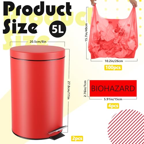 Image of Geiserailie 2 Set 1.32 Gallon Stainless Steel Biohazard Trash Can with 100 Hazardous Bags, Foot-Operated Self-Closing Lid & Biohazard Labels for Medical Hospitals Industrial Infectious Waste Disposal