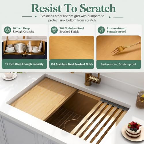 Image of 28 Inch Gold Undermount Kitchen Sink, 16 Gauge T304 Workstation Sink