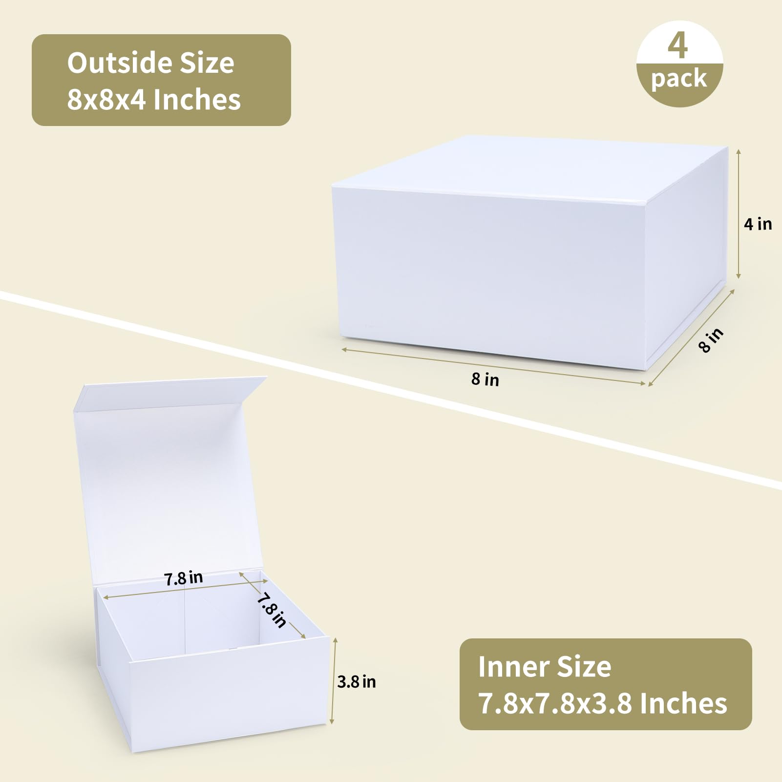 Giftgarden Confezione da 4 scatole regalo bianche da 20,3 x 20,3 x 10,2 cm, con coperchio magnetico, pieghevoli, per regali, compleanni, matrimoni, damigelle d'onore, testimoni dello sposo