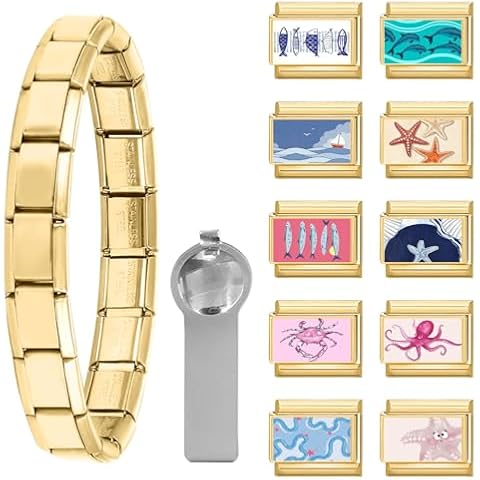 papasgix Italian Charm Bracelet Charms Gold Silver Set with 1pc Starter Brascelet, 10pcs Assorted Italian Charms for Bracelets and 1pc Opening Tool, 9mm Modular Italian Charm Bulk Pack Links Handmade DIY Jewelry (Gold) Cover