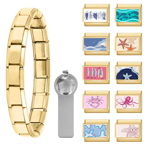 papasgix Italian Charm Bracelet Charms Gold Set with 1pc Starter Brascelet, 10pcs Assorted Italian Charms for Bracelets and 1pc Opening Tool, 9mm Modular Italian Charm Bulk Pack Links Handmade DIY