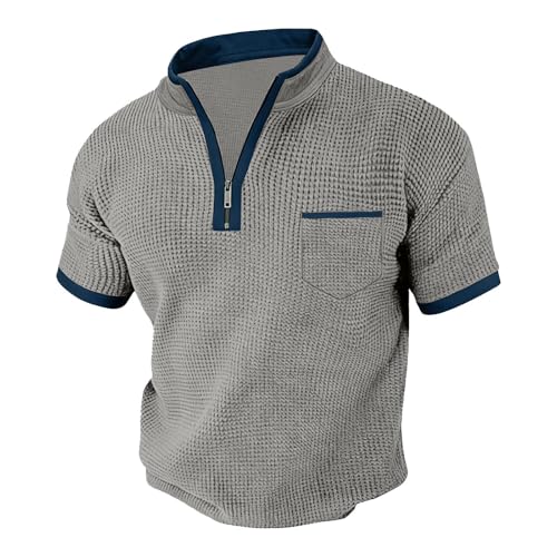 Mens Waffle Knit Short Sleeve Shirt Stand Collar Color Block Casual Pullover Top Textured Summer Fashion Button Shirts Gray