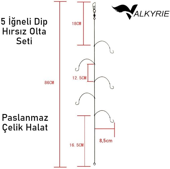 Valkyrie 5 İğneli Paslanmaz Çelik Halatlı Dip Hırsız Olta Takımı 4’lü Set – 6# Karbon Çelik İğne