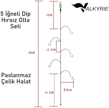 Valkyrie 5 İğneli Paslanmaz Çelik Halatlı Dip Hırsız Olta Takımı 4’lü Set – 6# Karbon Çelik İğne