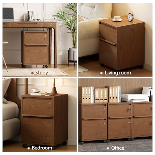 Image of KungFuWood Wheeled Double-Drawer Filing Cabinet, Lockable Mobile File cabinets, Suitable for Home Offices or Storage cupboards for Storing Legal documents or Letter-Sized Files.