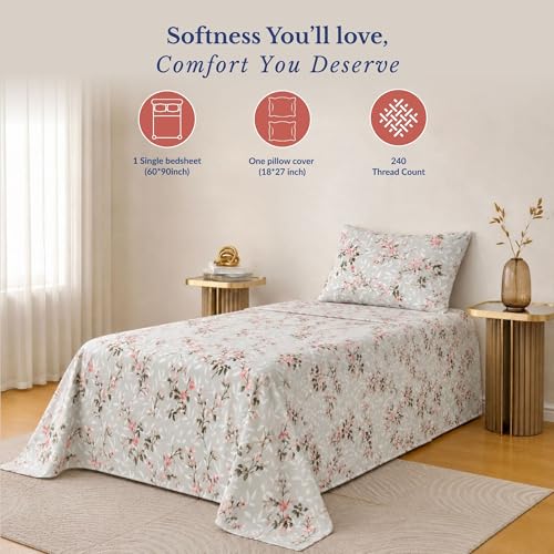 Image of Jaipur Weaves Single Bed Cotton Bedsheet with 1 Pillow Cover, 100% Pure Cotton Single Bedsheet 60x90 Inches, 240 TC Soft Breathable Bed Sheet - (Spring Tulips Grey)