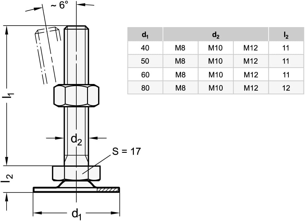Ganter Normelemente Stainless Steel Adjustable Feet - GN 41-80-M8-63-D0-SK | Foot Diameter 80 mm, Silver, Thread d2: M8X63