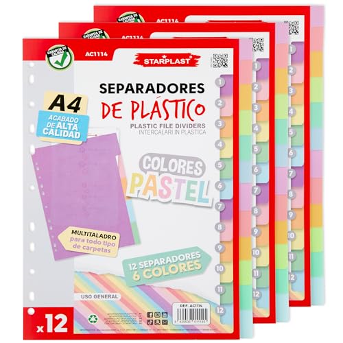 Starplast Pack 36 Separadores Pastel - Para Carpeta o Archivador 2-4 Anillas, Organizadores, Polipropileno, Índice, Multitaladro, Clasificador, uso Escolar o de Oficina.