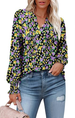 BETTE BOUTIK Long Sleeve Shirts for Women Fall Tops Dressy Blouses Pleated V Neck Tunic Tops for Leggings S-3XL