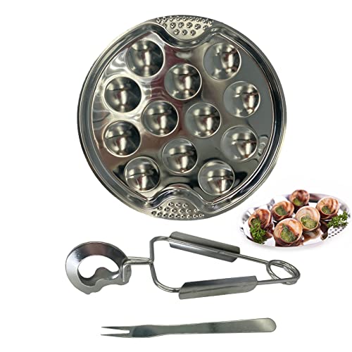 3 Stücke Schneckenteller Meeresfrüchte Werkzeug Set Schneckenpfanne Speisenteller mit Zange Gabel mit 12 Löchern Escargot Teller Teller Edelstahl Schneckenzange für Zuhause Restaurant Hotel Grill Cover