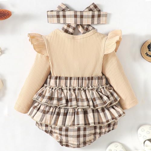 Baby Girl Fall Outfit Long Sleeve Ribbed Romper with Plaid Suspender Bloomers and Headband3