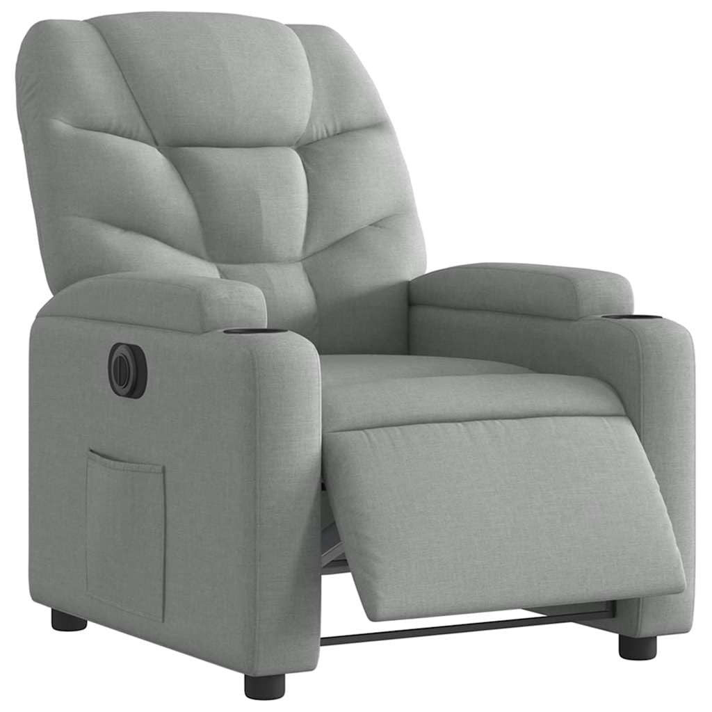 Fotel relaksacyjny, elektryczny, jasnoszary, materiał z funkcją leżenia, regulowany, ergonomiczny, wygodny, z podłokietnikami, drewniana rama metalowa, do salonu, kącika do czytania i biura