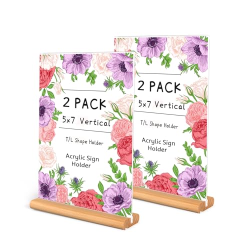 trophable Acrylic Sign Holder, L/T Shape Clear Acrylic Frames Wood Base Table Menu Display Stand for Office School Restaurant (Clear 5x7 inch 2Pack)