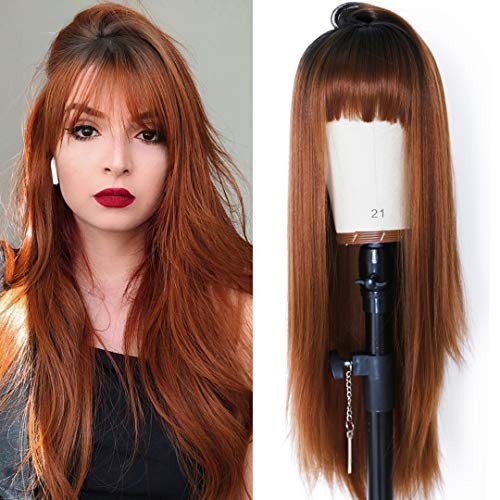 EVLYNN Brown Straight Wigs With Air Bangs Dark Rooted Ombre Red Blonde Hair Heat Resistant Synthetic Fiber Glueless Wig 26 Inches Long Full Machine Wigs…