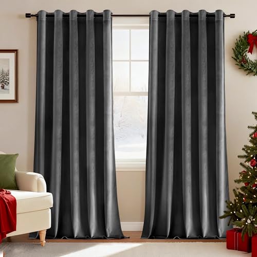 Deconovo Velvet Curtains 90 Inch Drop Soft Blackout Patio Door Curtains Thermal Elegent Eyelet Room Darkening Drapes for Living Room 66 x 90 Inch Grey One Pair