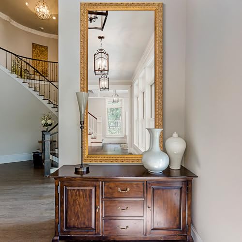 Image of 60.2 inchx30.7 inch Large Vintage Gold Mirror Decor for Entryway, Statement Full Length Wall Mirror for Living Room /Bathroom /Bedroom Main Wall, Quality Solid Wood Frame with Foil Embossed Pattern