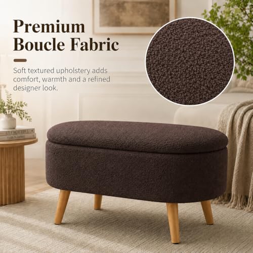 Image of Upholstered Ottoman Storage Bench, Premium Boucle Fabric, Heavy Duty 120 Kg Load Capacity, Multipurpose Seating for Living Room & Bedroom, Brown