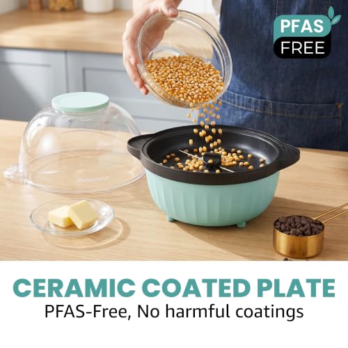 Image of Elite Gourmet 4.5Qt. Stirring Popcorn Maker with Ceramic Coated Plate, Stirring Rod, Clear Cover Doubles as Serving Bowl, Butter Melting Tray, Up to 18 Cups, Makes Fresh Buttery Popcorn, Mint
