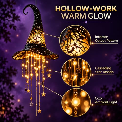 Halloween Witch Hat Hanging Decor Light, Battery Operated Lighted Witch Hat with Warm Glow, Hollow Cutout Design, Cascading Star Tassels and Wind Chime Effect for Indoor Porch Party Home Decorations - image 3
