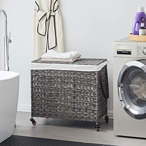 Fiona's Magic 140L Large Laundry Basket With Wheels, Laundry Hamper With Lid And Removable Bags, Dirty Clothes Hamper 3 Section For Bedroom, Handwoven Rattan Wicker, Grey #TOP4