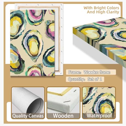 Image of Abstract Coastal Oyster Shell Poster Colorful Beachy Shell Canvas Wall Art Funny Summer Seaside Shell Aesthetic Prints Painting For Home Living Room Kitchen Restaurant Wall Decor 8x12in Framed