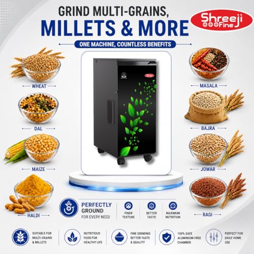 Image of ShreejiFine Atta Chakki Silver Petal 2026 | Strong HPDC Chamber | Auto Grain Sensing | Digital Micro Processor | Low Noise | MDF Plywood Cabinet | 5 AMP | Ghar Ghanti Flour Mill Machine for Home