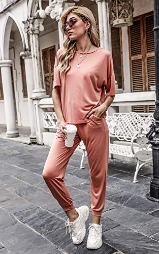Prettygarden Women's Two Piece Outfit Short Sleeve Pullover With Drawstring Long Pants Tracksuit Jogger Set (Pink,Medium) #TOP2