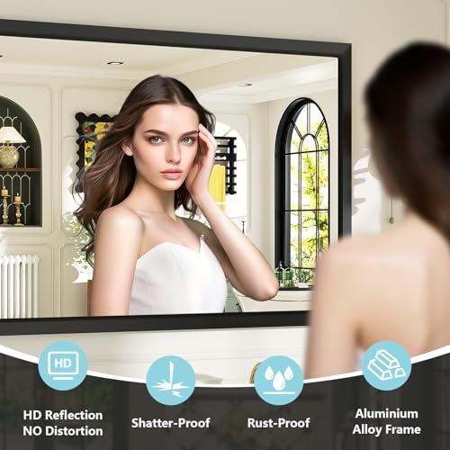 Image of 55x30 Inch Black Bathroom Mirror for Wall, Beveled Framed Rectangle Bathroom Vanity Mirrors for Over Sink, Bedroom, Living Room, Entryway, Anti-Rust, HD Tempered Glass, Horizontally /Vertically