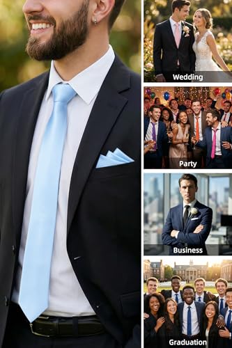 Image of HISDERN Mens Ties Solid Color Ties for Men Formal Necktie with Pocket Square Set Satin Silk Neck Tie Handkerchiefs Set