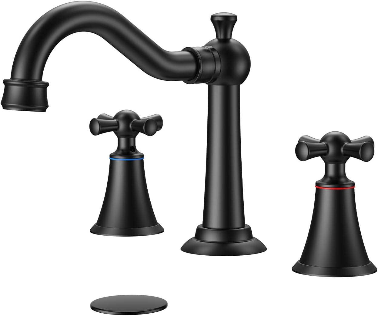 Hurran 8 Inch Widespread Bathroom Sink Faucet Matte Black, 3 Hole 2 Cross Handles Classic Vintage Antique Faucet with Metal Pop Up Drain and Supply Hoses for Vanity, RV, Farmhouse