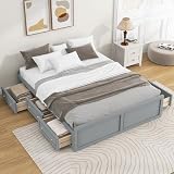Harper & Bright Designs Queen Size Bed Frame with 6 Storage Drawers, Solid Wood Platform Bed with Slat Support and Footboard for Bedroom Living Room, No Headboard, No Box Spring Needed, Gray