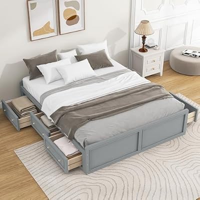 Harper & Bright Designs Queen Size Bed Frame with 6 Storage Drawers, Solid Wood Platform Bed with Slat Support and Footboard for Bedroom Living Room, No Headboard, No Box Spring Needed, Gray