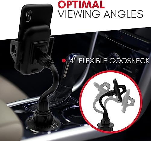Macally Car Cup Holder Phone Mount - Securely Holds Phones up to 4.1” Wide - Flexible Gooseneck & 360° Rotatable Cradle