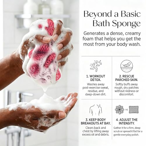 Image of UJFQBH African Net Sponge Authentic 3 Pack, the Gentle Exfoliating Body Scrubber that Unclogs Pores, Reaches Your Back, Dries Fast, and Leaves Skin Smooth Day After Day(Magenta, yellow, emerald green)