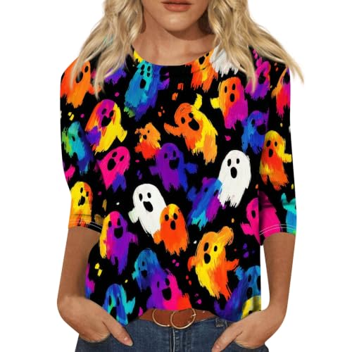 Image of Women Spooky Halloween Graphic Shirt 3 /4 Length Sleeve Crewneck Top | Halloween Funny Printed Pumpkin Plus Size Tshirts 2026 Fall Outfits Skeleton Tee Going Out Tops