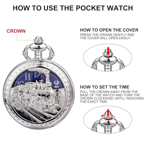 Image of SIBOSUN Antique Men Pocket Watch with Chain Oversized 50MM 1.96 Inch 3D Locomotive Steam Train Railroad Hollow + Box
