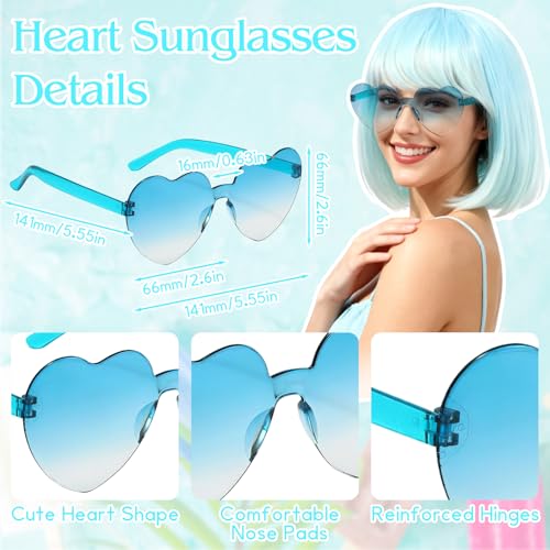 Image of PLULON Blue Ombre Bob Wig with Heart Sunglasses and Hair Cap for Women Men, Colorful Short Funny Bob Wigs with Bangs Colored Cosplay Hairpieces for Halloween Costume Neon Bachelorette Party