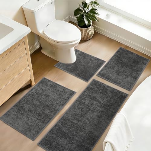YIHOUSE Dark Gray Bathroom Rugs Sets 4 Piece Ultra Thin Bath Mat with Toilet Rug - Non Slip Quick Dry Absorbent Machine Washable - Bath Rugs for Bathtub Sink Home Decor