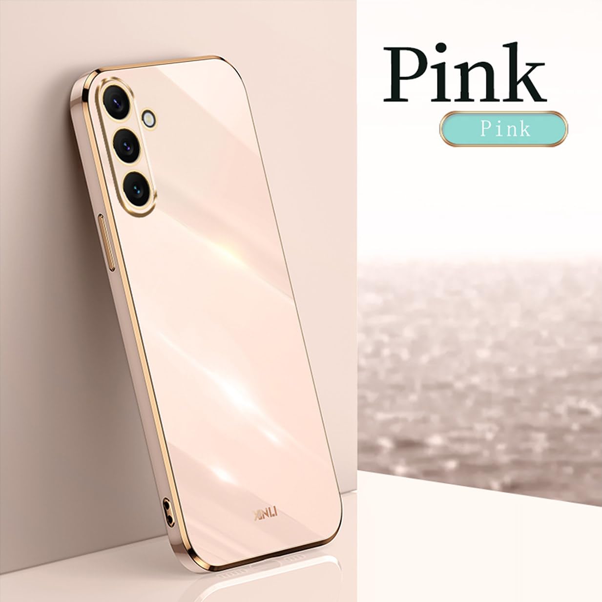 ILING Coque Pour Samsung Galaxy M55 5G, Simple Couleur Unie Dos Galvanisé Bordure Dorée Design Souple TPU Antichoc Protection Ultra Mince Housse Femme Étui (Rose