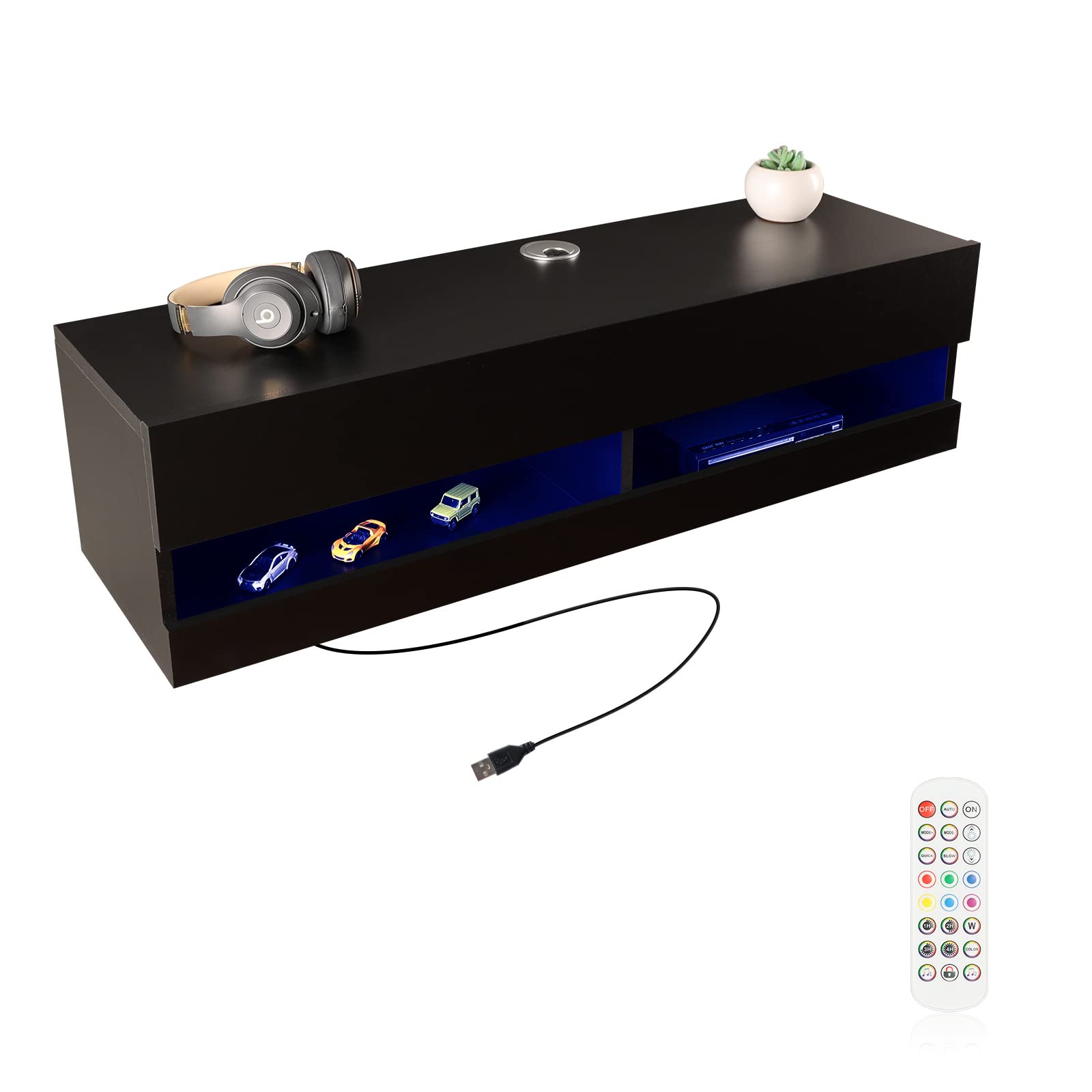 KELIXU Floating TV Stand Wall Mounted TV Shelf with LED Strip, Floating Entertainment Center Black TV Stand with Storage Media Console Shelf for Living Room, Bedroom - 39.4"(L) x 11.8"(W) x 10.2"(H)