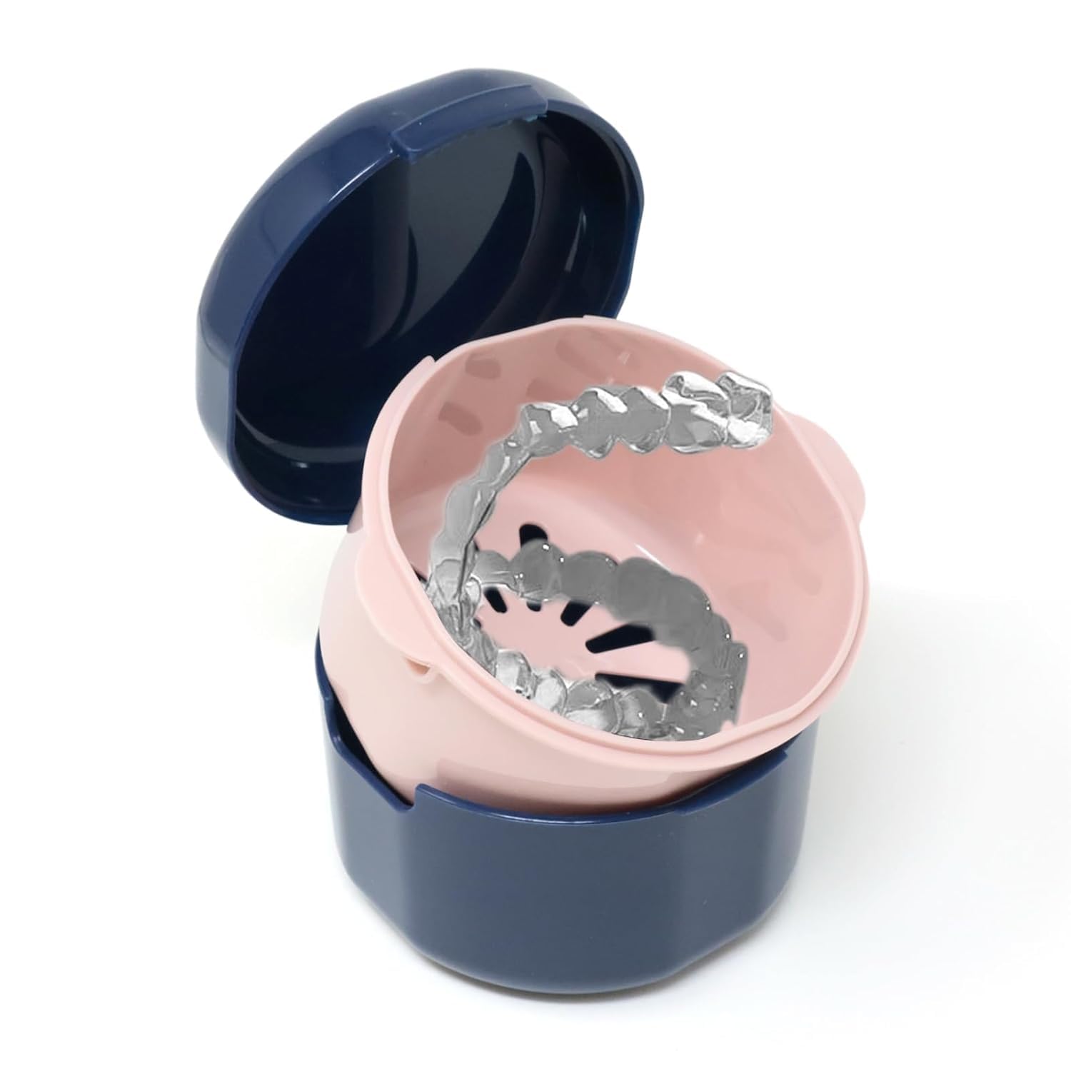 FUREIN SMILE 1Pack Denture Bath Case Portable Denture Soak Container Mouth Guard Storage Box with Pale Pink Strainer Basket for Travel Cleaning Sapphire Blue