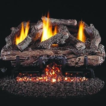 مجموعة Peterson Real Fyre 18 بوصة Charred Aged Split Oak Log مع غاز طبيعي خالٍ من التهوية معتمد من G10 - Flame Remote