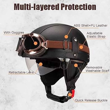 Vintage German Leather Motorcycle Half Helmet ECE Approved Men Women Half Shell Helmets with Protective Glasses and Visor Retro Open Protective Helmet for Bicycle Cruiser Scooter Chopper