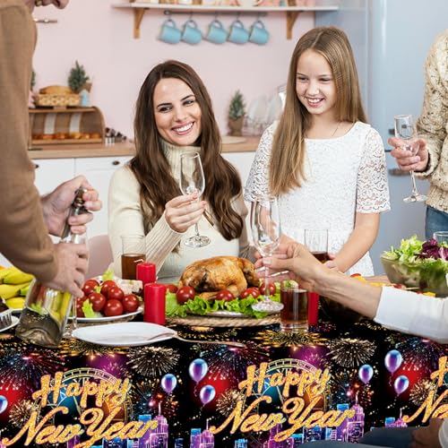 Image of Gistome 3-Piece 54 x 108 Inch Happy New Year Plastic Tablecloth - Fireworks and City Skyline Disposable Table Covers for New Year's Eve Parties, Countdown Celebrations, and Holiday Decorations