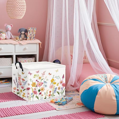 Image of Rectangular Baby Girls Basket Kids Baby Storage Basket Cute Storage Bin Organizer Shelf Book Flower Room Decor(Butterfly Flower)