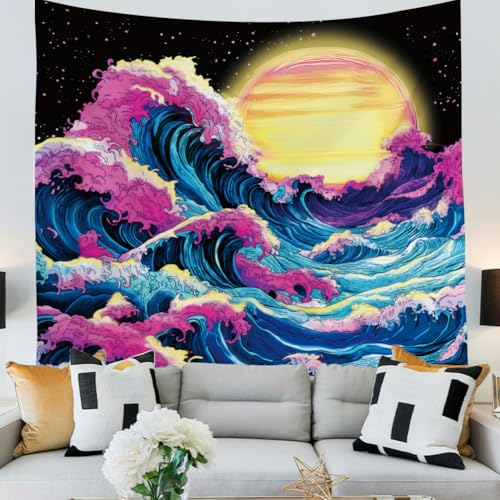 WEBEEDY Black Light Ocean Wave Tapestry Japanese Kanagawa Sunset UV Reactive Backdrop Poster Vintage Aesthetic Wall Hanging Tapestries for Bedroom Dorm Living Room Photo Shoot Prop (150x130cm) - Image 4